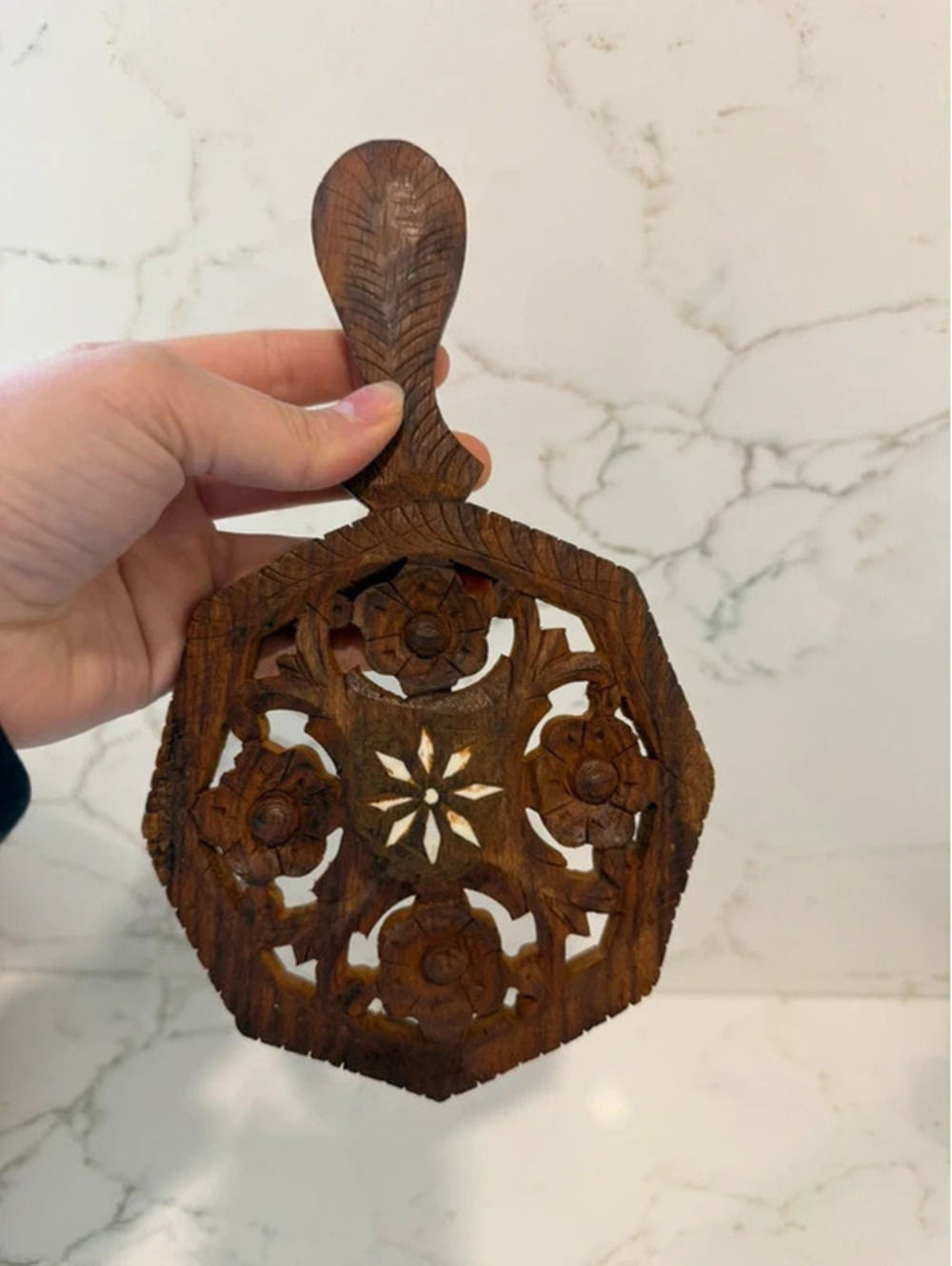 Vintage India Hand Carved Wood Footed Trivet Floral Inlay Handle